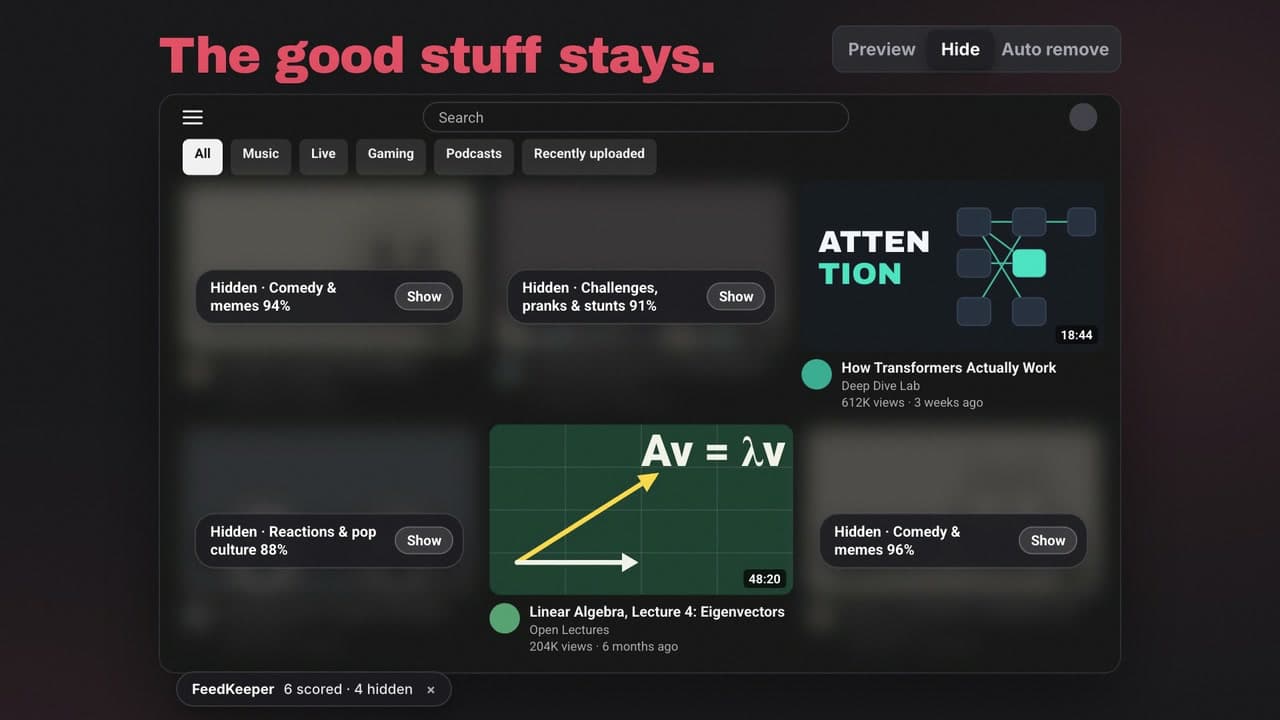 Hide mode: matching videos are blurred behind a Show button